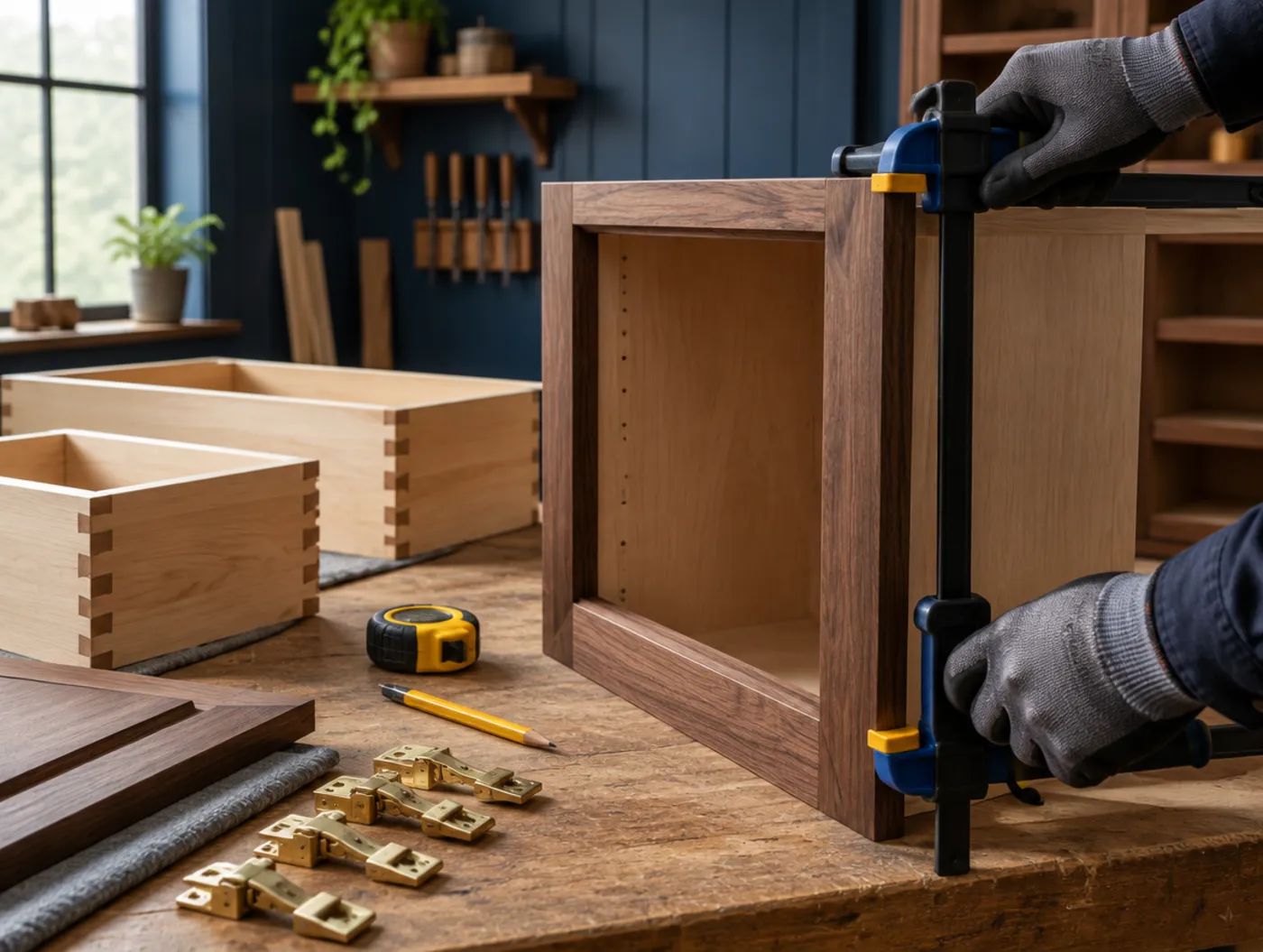Hands clamping a walnut face frame to a cabinet box on a workbench