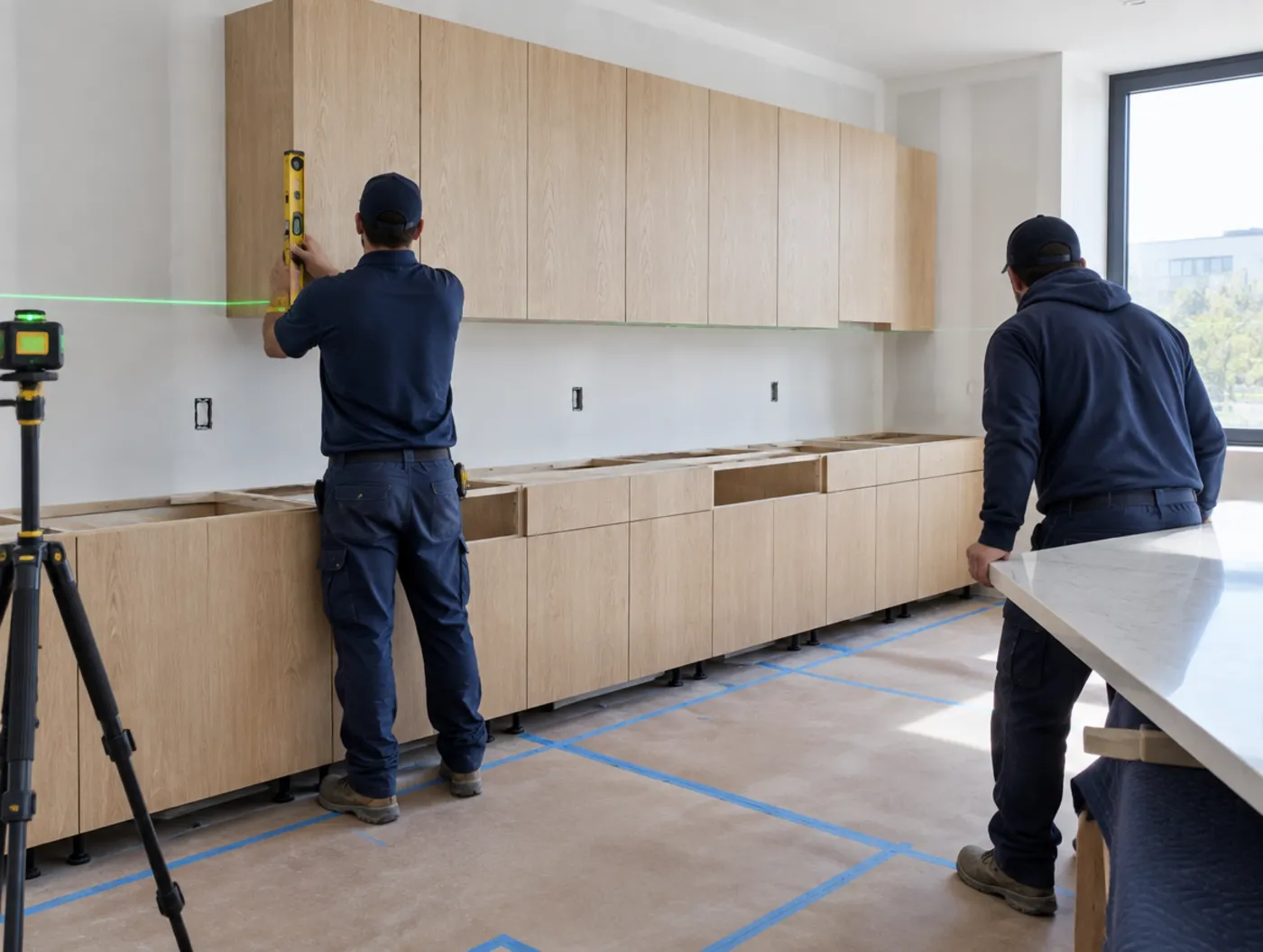 An installation crew leveling a run of white oak cabinets on a job site